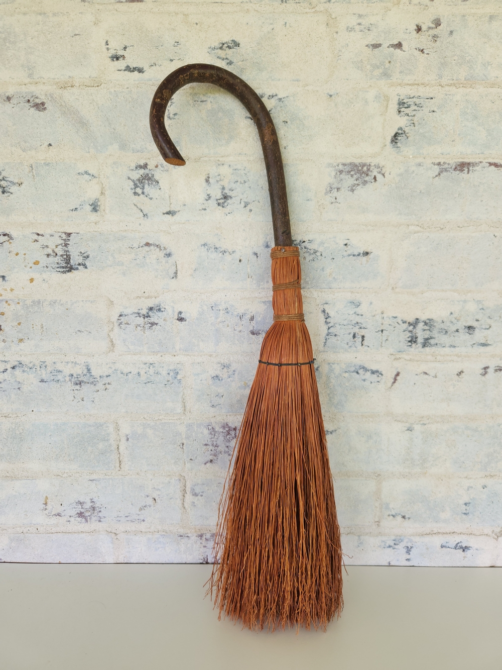 Vintage Hand Crafted Hearth Broom with Curved Barked Wood Handle 24" | Primitive